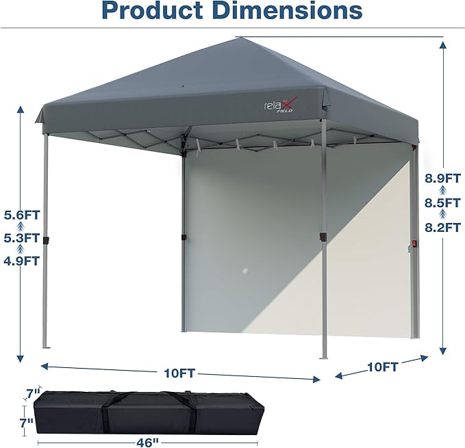 10x10 Outdoor Folding Canopy Tent with 1 Sidewall, Easy Up Outdoor Shelter with One Person Set Up Center Lock, Portable Patio Screen Tent for Camping, Party, Beach & Picnic,Grey