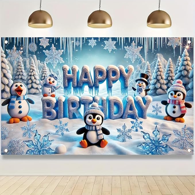 Winter Penguin Happy Birthday Party Banner 71X43INCH Double Sided Outdoor Yard Signwith Snowflakes LCE and Cute Penguins for Winter Wonderland Birthday Party Decoration