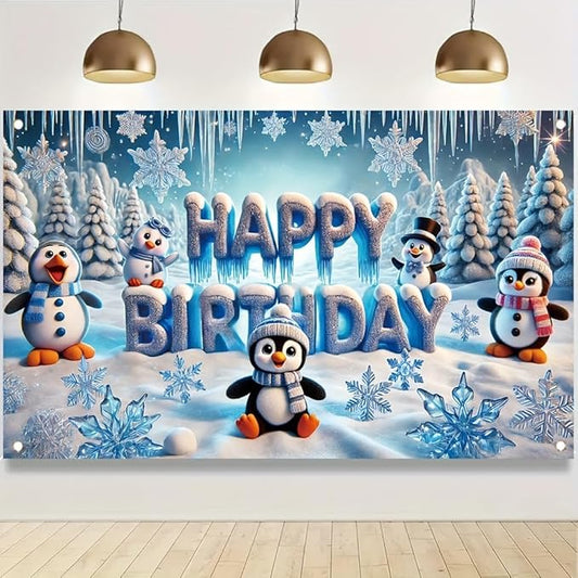 Winter Penguin Happy Birthday Party Banner 71X43INCH Double Sided Outdoor Yard Signwith Snowflakes LCE and Cute Penguins for Winter Wonderland Birthday Party Decoration