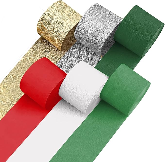 6 Christmas Streamers Rolls, 591ft Pack of Unique 6 Christmas Crepe Paper Rolls for Party Decorations, Party Streamers for Wedding Decoration (1.8 inch x 98.5 ft/Roll)