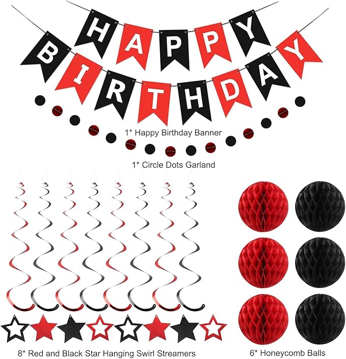 Red and Black Birthday Decorations, Black Happy Birthday Banner, Red Happy Birthday Decorations for Men Women and Girls Birthday Party Decorations