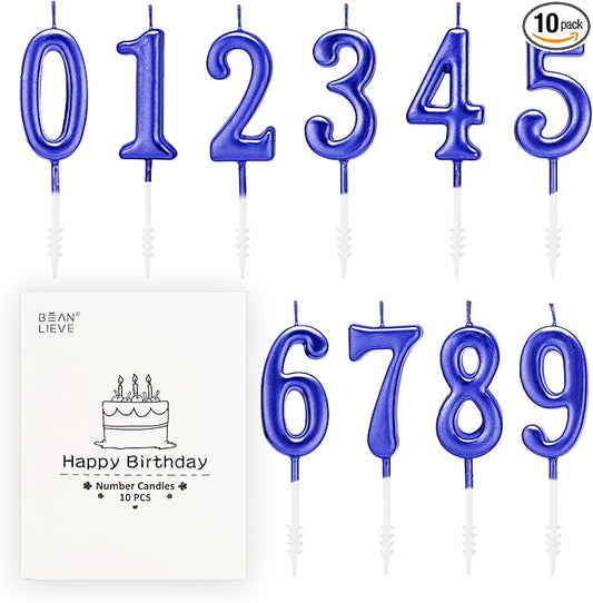 Beanlieve Blue Numeral Birthday Candles - Cake Numeric Candles Number 0 1 2 3 4 5 6 7 8 9, Used for Cake Decoration on Birthday Parties and Wedding Anniversary Celebrations(10 Pieces)