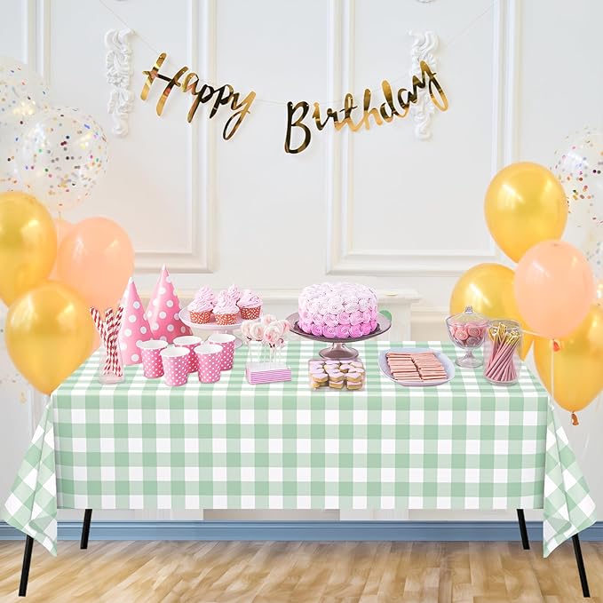 WNINK 2 Pack Sage Green Checkered Rectangular Plastic Tablecloths, Green Gingham Waterproof Disposable Table Covers 54" x 108" for Birthday, Baby Shower, Wedding, Outdoor Picnic Parties