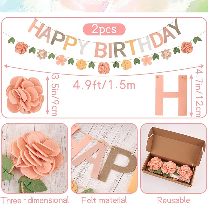 Felt Happy Birthday Banner, with Handmade Felt Flower Garland, Flower Party Decorations, Pre-Strung Birthday Decorations for Girls Women Mom, Floral Birthday Party Decor