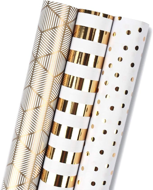 MAYPLUSS Birthday Wrapping Paper Roll - Mini Roll - 17 inch x 120 inch Per roll - White & Gold Foil Design (42.3 sq.ft.ttl)
