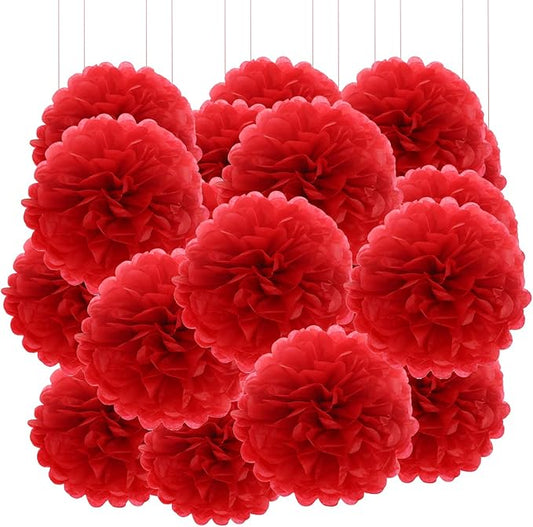 Qimoo 20pcs Red Paper Pom Poms Decorations, DIY Tissue Paper Flowers Ball for Party Wedding Outdoor Decoration