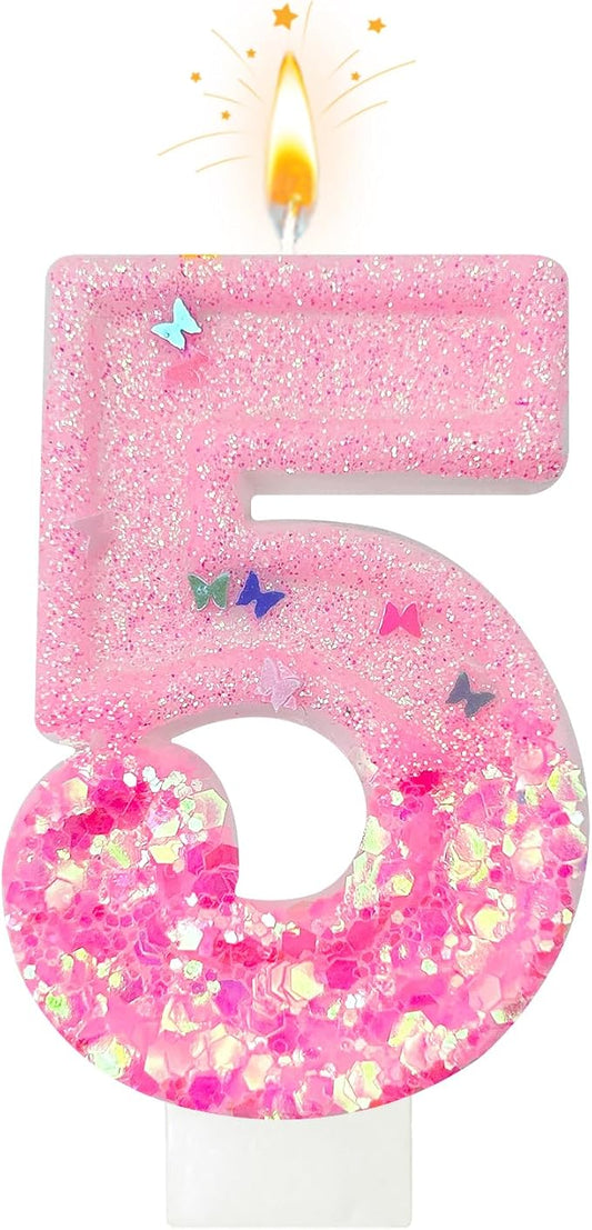 Pink Sequin Birthday Candles, Cake Number Candles, Girls 0th Birthday Decorations, Suitable for Birthday Parties, Anniversary Party Decorations(5)