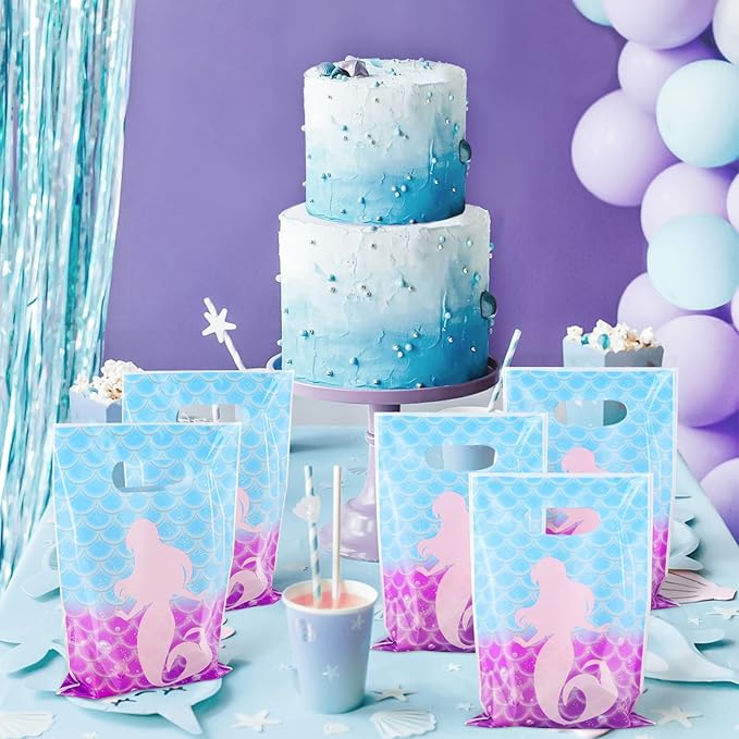 Hxezoc 50 Pieces Mermaid Goodie Bags Cute Candy Bag Plastic Treat Bags Mermaid Gift Wrap with Handles Party Favor Bags For Girls Birthday Party Decoration Supplies