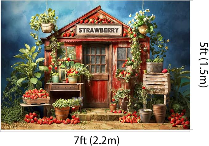 Kate 7x5ft Vintage Strawberry Farm Photography Backdrop Wooden Red Cottage with Plants Decoration Backgrounds Greenery Berry Baskets Baby Shower Photo Background