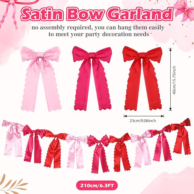VitalCozy Rose Pink Bow Garland Decor for Coquette Party Decorations, Pre-Strung Rose Pink Satin Ribbon Birthday Party Garland Bow Banner for Bridal Shower Bachelorette Wedding Birthday Engagement