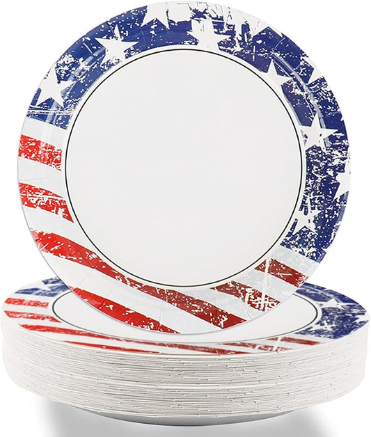 48pcs 4th of July Party Paper Plates 7" Patriotic American Flag Dessert Plate Set Disposable Independence Day Memorial Day Tableware Party Dinnerware Kit Supplies Holidays Birthday Decoration