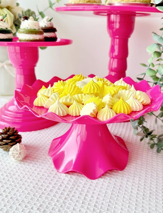 3 Pcs Cake Stand Set, Laced Cake Stand, Mini Cupdake Holder for Party,Wedding,Birthday,Celebration,Baby Shower,Anniversary (Neon Pink)