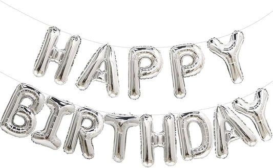 Silver Happy Birthday Balloon Banner, 16 Inch Foil Mylar Happy Birthday Balloons Letters, Reusable Happy Birthday Sign, Silver Birthday Decorations for Women, Men, Boys and Girls