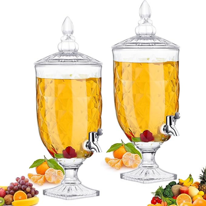 Bokon 2 Pieces Drink Dispensers for Parties Crystal Iced Beverage Dispenser with Stand and Spigot, Glass Liquid Containers Wide Mouth Beverage Server for Juice Tea Wedding(Delicate)