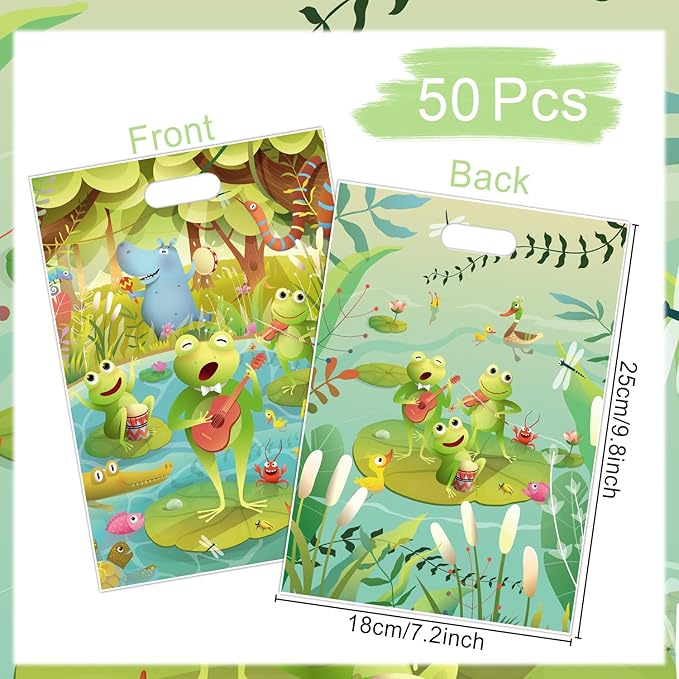 Falueqg Frog Party Favor Bags - 50 Pcs Green Frog Goodie Candy Gift Bags Summer Animal Theme Party Supplies for Birthday Baby Shower Decorations