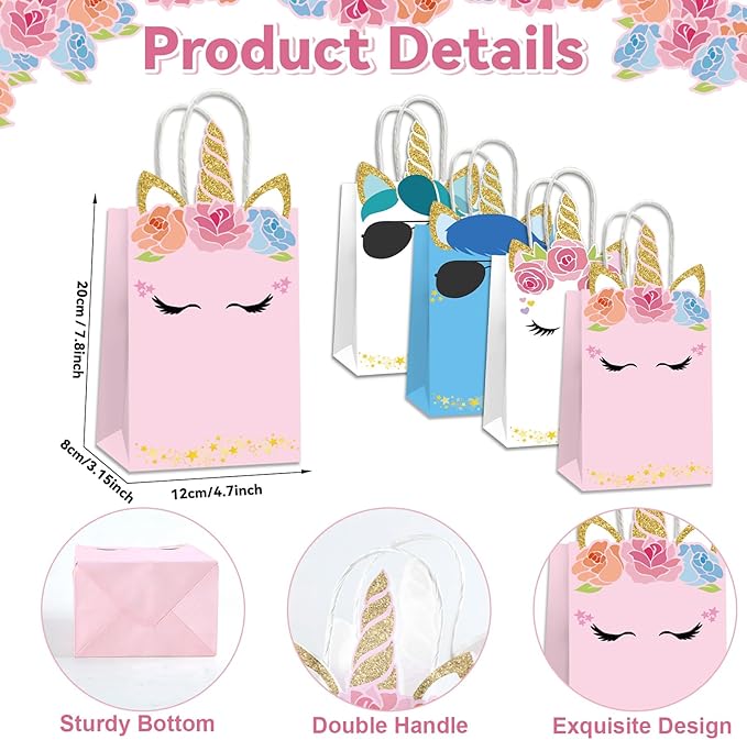 ojustbeok 24PCS Unicorn Party Favor Bags Rainbow Unicorn Birthday Party Disposable Treat Bags with Handles Gift Bag for Girls and Boys Birthday Baby Shower Decorations Supplies