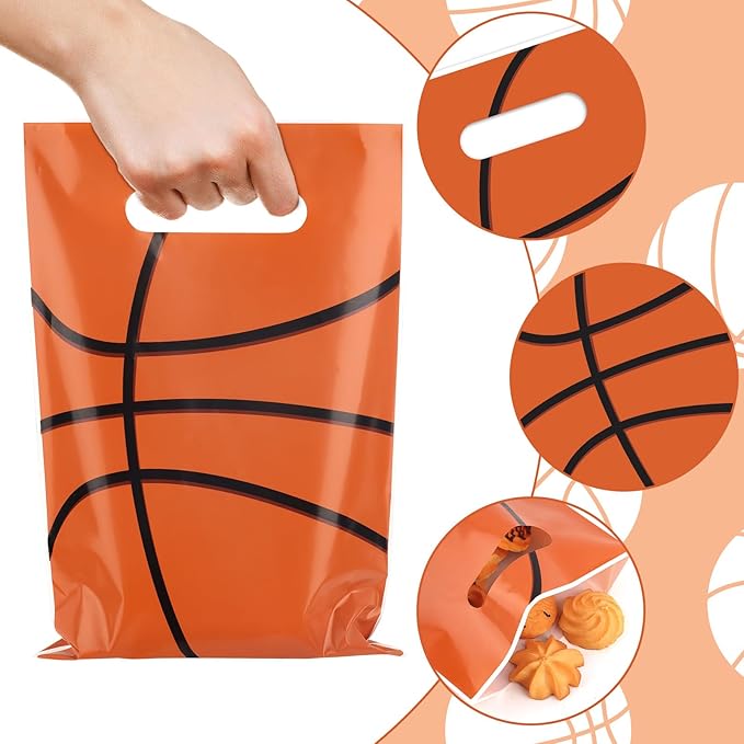 50 Pieces Basketball Gift Bags with Handle, Plastic Treat Candy Bag Sport Favor Bags For Kids Birthday Party Decoration Supplies