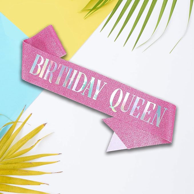 Birthday Queen Sash Pink, Dazzle Foil Letter Glitter Birthday Sash for Women 21st 30th 40th 50th 60th Gifts Fun Bday Party Favors Decorations