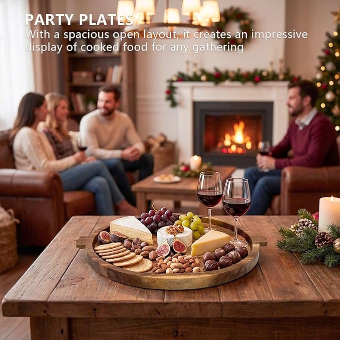 13" Round Acacia Wood Tray with 2 Built-in Handles | Versatile Serving Board for Coffee Table, Parties & Daily Dining | Large Charcuterie & Cheese Platter, Decorative Gift Tray