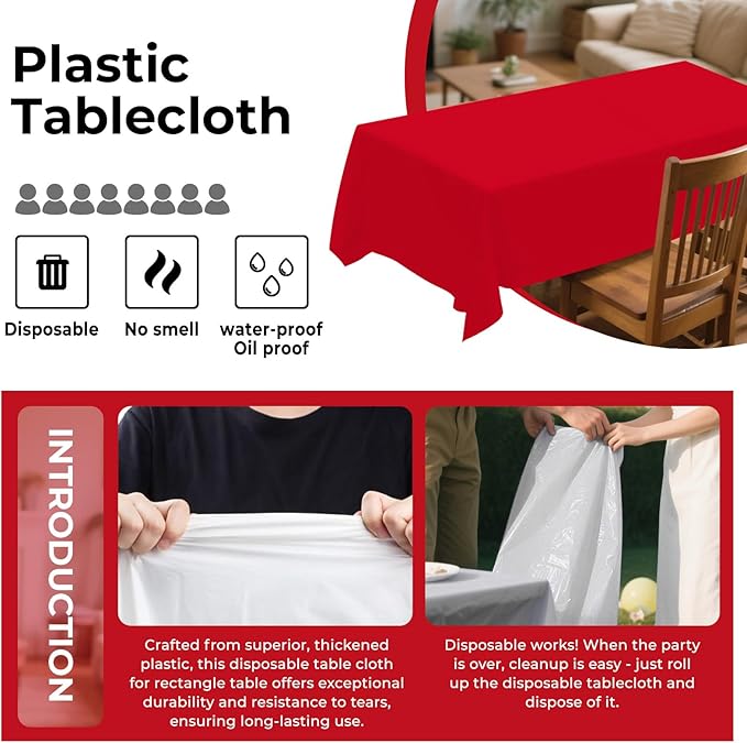 8 Pack Plastic Tablecloth 54" x 108" Disposable Table Cloths for 6 to 8 Foot Tables Rectangle Table Cover for Parties (Red, Rectangle)