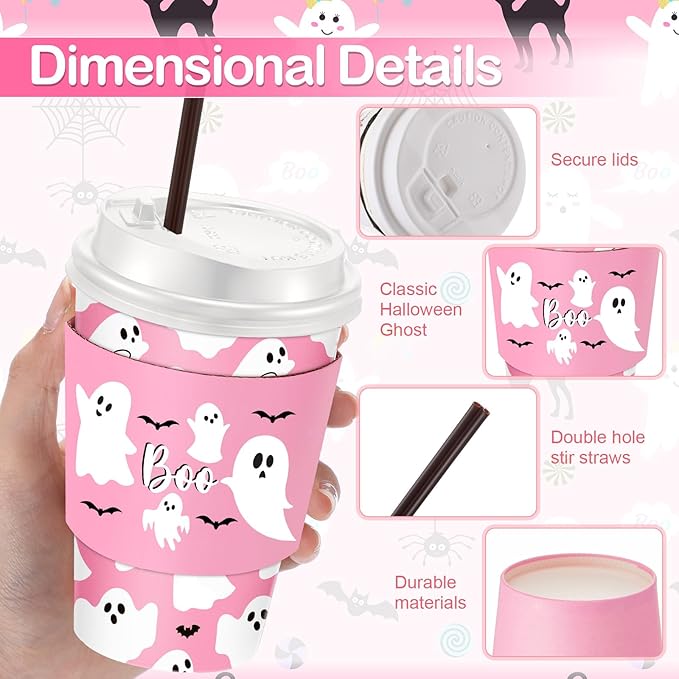 Pickmesh 50 Set 12oz Halloween Disposable Coffee Cups with Lids and Sleeves Straws, Ghost Boo Paper Cups for Cold Hot Cocoa Drink Halloween Party Supplies