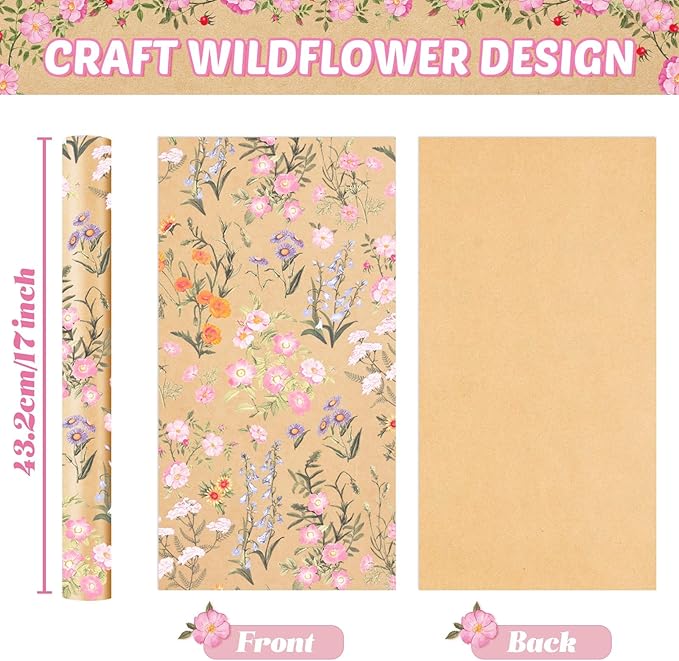 WERNNSAI Kraft Floral Wrapping Paper Roll - 1 Roll 17”x 33 ft Wild Flower Gift Wrap Paper Spring Summer Flower Gift Packing for Girls Women Birthdays Weddings Bridal Shower Party Decor