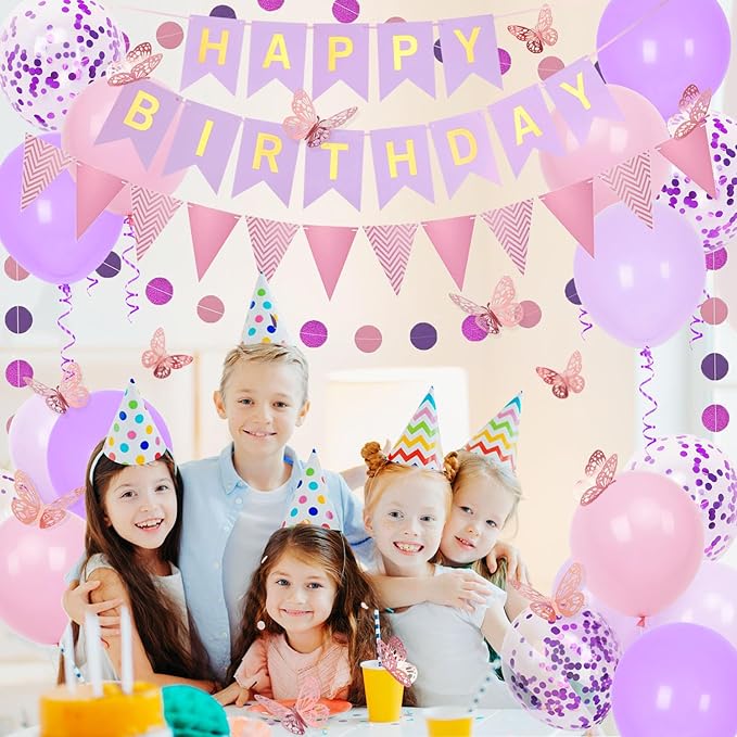 Purple and Pink Birthday Decorations, Happy Birthday Banner and Purple Pink Balloons, Butterfly Stickers with Circle Dot Paper Garland, Bunting Banner, for Party Decorations