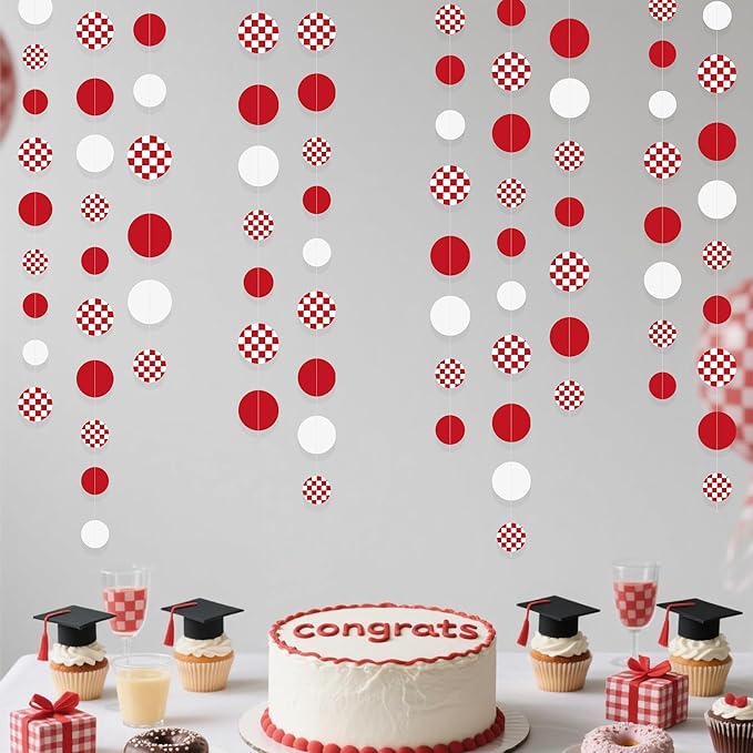 Red Party Decorations White Red Checkered Circle Dots Streamer Hanging Paper Polka Dot Garland for Birthday Baby Shower Wedding Bachelorette Christmas Carnival Circus Picnic Party Decorations Supplies