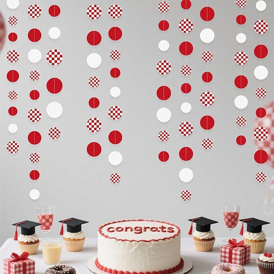 Red Party Decorations White Red Checkered Circle Dots Streamer Hanging Paper Polka Dot Garland for Birthday Baby Shower Wedding Bachelorette Christmas Carnival Circus Picnic Party Decorations Supplies