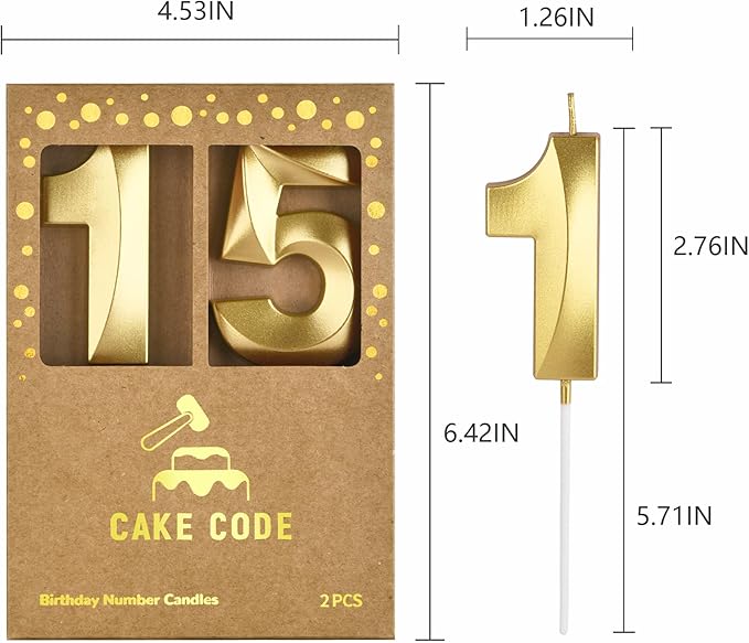 2.76 Inch Diamond Gold 15 Number Birthday Candles, Gold Number Candles, Cake Number Candles, Party Celebration