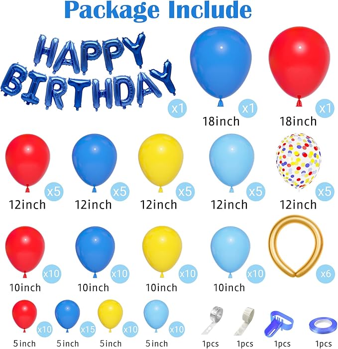 123Pcs Red Yellow Blue Balloons Garland Includes Foil Confetti Mixed Sizes Latex Balloon for Birthday Decorations, Baby Shower, Carnival, Circus, Party Supplies, Backdrop Decor