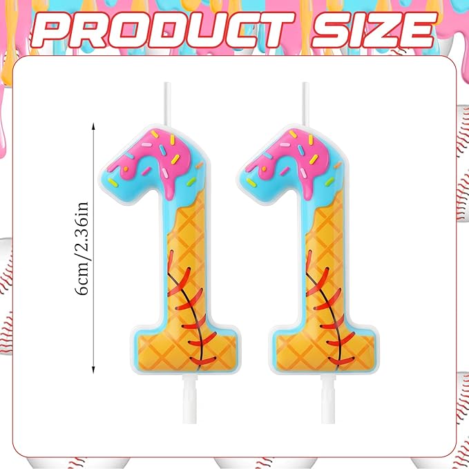 Conelist Baseball Ice Cream Drip Birthday Number Candles Baseball Drip Cake Topper Candle Cupcake Topper Decoration for Sport Theme Happy Birthday Party Favors Anniversary Supplies (2 Pcs,11th)