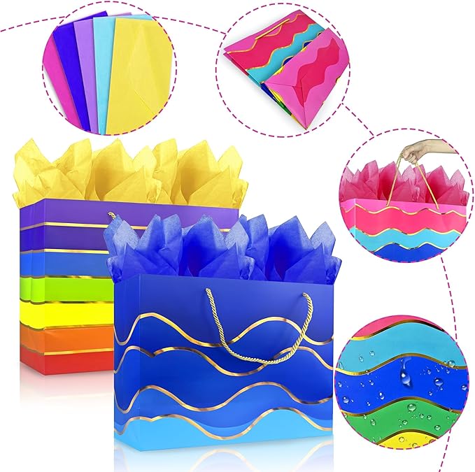MUMULULU 5 Pack 16" Extra Large Gift Bags with Handle and Tissue Paper Birthday Gift Bags Rainbow Gift Bags for Birthday Party Baby Shower Wedding Holiday Presents