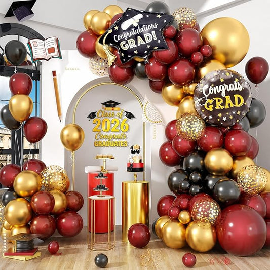 Graduation Balloon Arch Garland Kit, 2026 Graduation Party Decoration, Black Burgundy Gold Balloon with Congrats Grad Hat 2026 Balloons for College School Class of 2026 Congrats Party Supplies