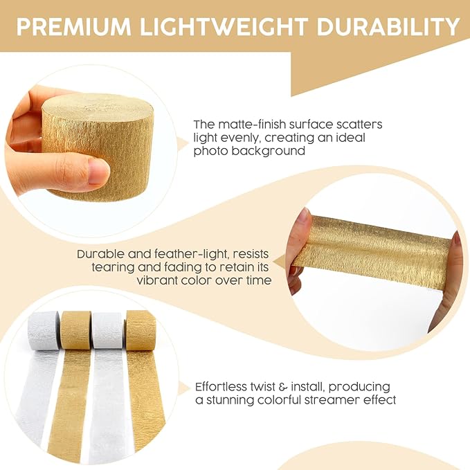 4 Rolls Crepe Paper Silver Gold Streamers – Perfect for Streamers Party Decorations, Wedding, Birthday, Colored Decor, and DIY Craft Supplies(1.8 Inch x 82 Ft/Roll)