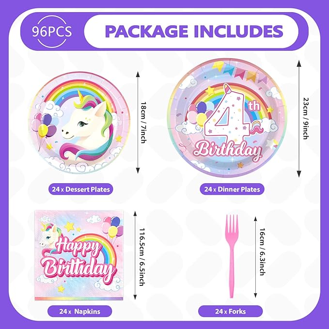 96 Pcs Unicorn 4th Birthday Party Decorations 350 GSM Disposable Rainbow Unicorn Plates and Napkins Tableware Set for Girls Unicorn Themed 4th Birthday Party Baby Shower Supplies Decorations Serves 24