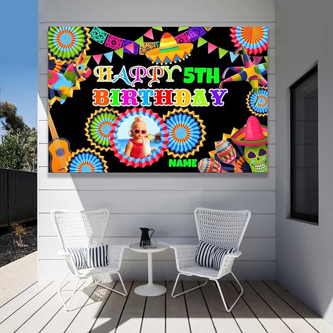 Custom Space Mexican Fiesta Carnival Happy Birthday Party Decorations Supplies Personalized Mexican Fiesta Carnival Birthday Backdrop Banner(5x7.5ft)