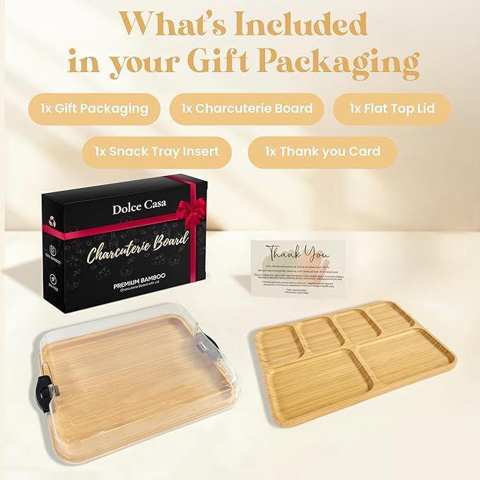 Charcuterie Board with Lid 3-in-1, Portable Bamboo Serving Tray with Lid & Removable Snack Tray for Cheese, Fruit, Food - Covered Cheese Platter for Picnic, Travel, Ready-to-Gift