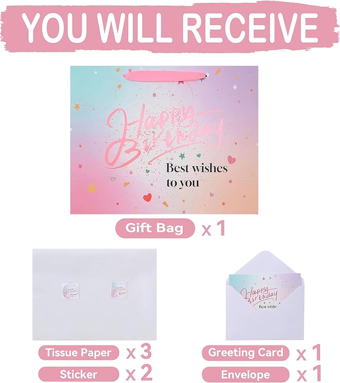 wishinside 13'' Large Pink Birthday Gift Bag Set with Handles, Greeting Card, Tissue Papers and Stickers for Women Girls Kids Teens, Gold Foil Happy Birthday Design, 1 Pcs