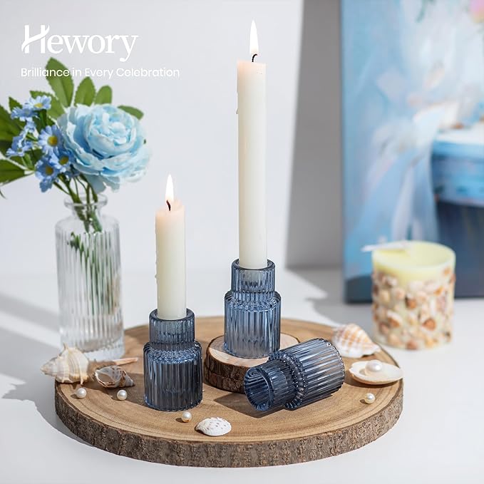 Hewory Glass Candlestick Candle Holder: 10PCS Blue Glass Taper Candle Holders for Table Centerpiece, Vintage Tapered Candlestick Holders for Christmas Centerpiece Wedding Party Holiday Home Decor