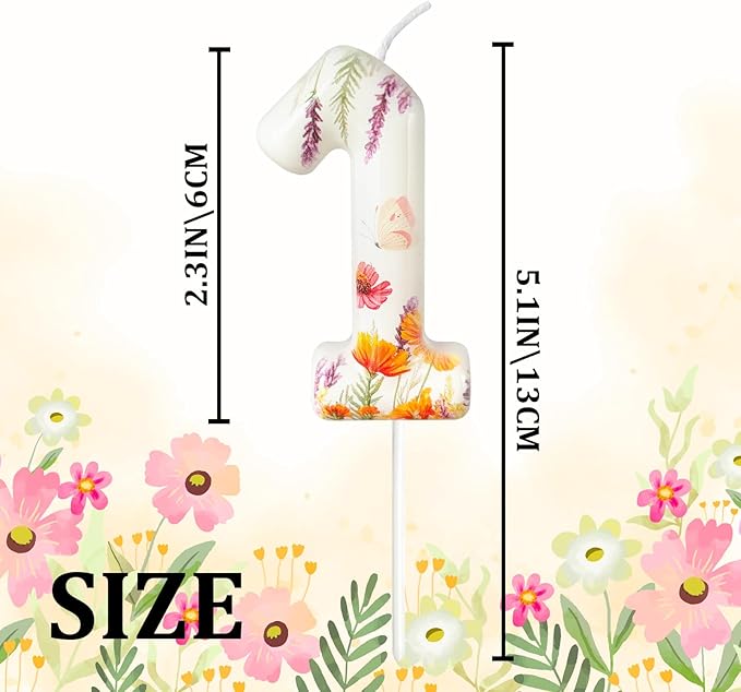 Number 1 Birthday Candle for Cake – Floral Botanical Design with Butterfly Detail – Elegant Cake Topper for Birthday, Garden Party Decoration