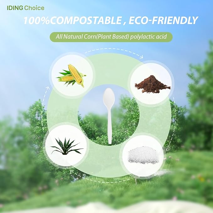 100% Compostable 200 Count No Plastic Spoons, Plastic Utensils, The Heavyweight Heavy Duty Flatware is Eco-Friendly Products for Lounge Party Wedding Office BBQ Picnic Camping.