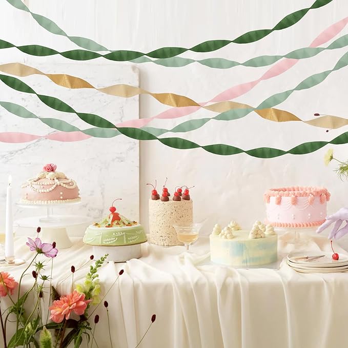 BEISHIDA 8 Rolls Green Gold and Pink Crepe Paper Streamers for Boho Theme Baby Shower Party Decorations Wedding Birthday DIY Craft Paper(1.8 Inch x 82 Ft/Roll)