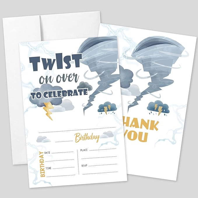 AEHIE 20 Sets Tornado Birthday Party Invitations With Envelopes,Storm Chaser Two-nado Four-nado Double-sided Printed Birthday Party Invitation Invite Cards for Boys Girls,Tornado Party Invites