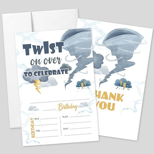 AEHIE 20 Sets Tornado Birthday Party Invitations With Envelopes,Storm Chaser Two-nado Four-nado Double-sided Printed Birthday Party Invitation Invite Cards for Boys Girls,Tornado Party Invites