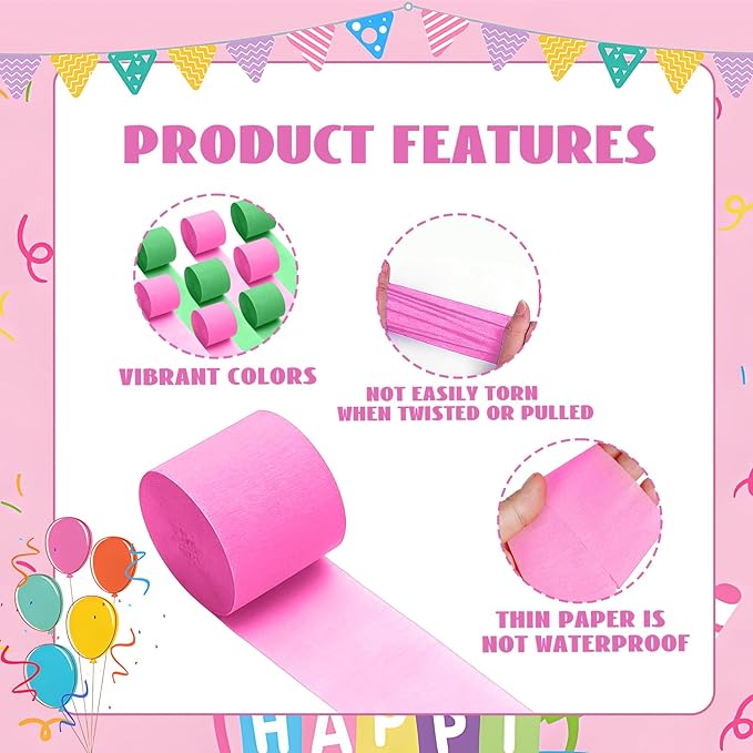 Pink and Green Crepe Paper Streamers 8 Rolls 32ft, Witch Theme Party Supplies Birthday Baby Shower Wedding Decorations