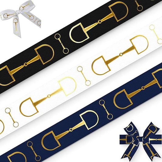 Horse Bit Gold Foil Ribbon - 3 Pack (1 Inch x 5 Yards Each) - Elegant Navy, Black & White Decorative Ribbon - Satin for Hair Bows, Gift Wrapping, Crafts & Wedding Decor
