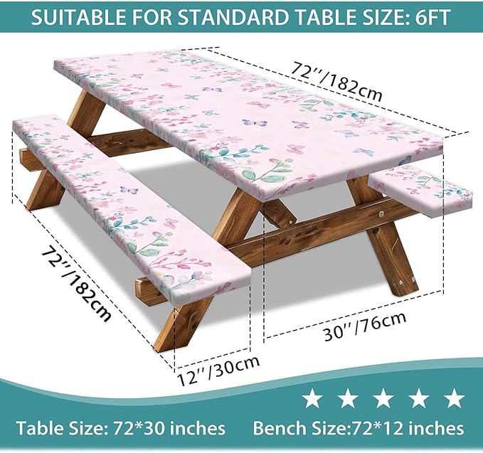 Butterfly Picnic Table Cover with Bench Covers, Camping Essentials, Flower Leaf Plant Waterproof Windproof Table Cover, Fitted Tablecloth Cover with Elastic Edge, for Indoor & Outdoor 3 PCS 30x72 Inch