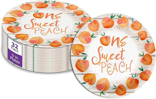 One Sweet Peach First Birthday - 32 Piece Disposable Party Supplies - Decorations for Girl's 1st Birthday Round Party Plates - Large 9" Paper Plates In Bulk