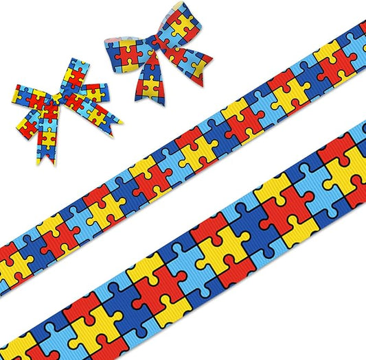 2 PCS Autism Awareness Grosgrain Ribbons 3/8" 3/4" Multi-Colored Jigsaw Puzzle Pieces Decor Ribbons 5 Yards, Autism Awareness Month Craft Ribbons for Gift Packaging Fundraising DIY Supplies